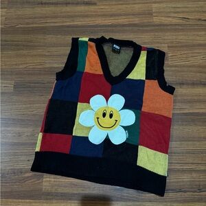 Colorful Patchwork Sweater Vest with Smiley Flower